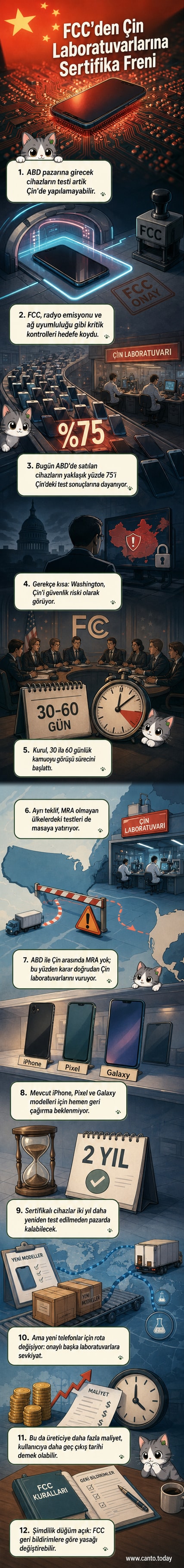 ABD bayrağı ve FCC logosu önünde duran bir akıllı telefon, arka planda bir laboratuvar silüetiyle birlikte gösteriliyor.