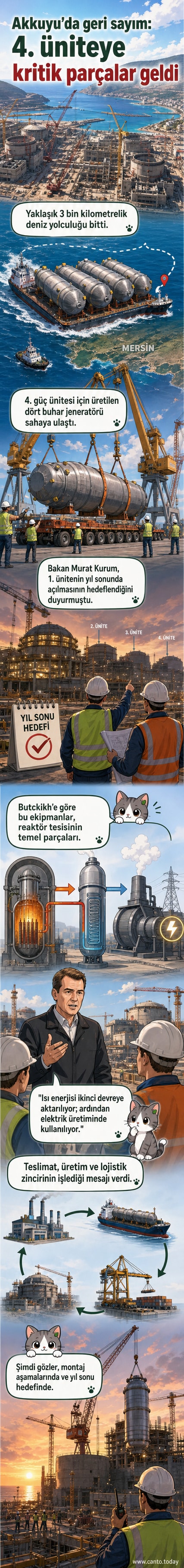 Akkuyu Nükleer Güç Santrali'nin dördüncü ünitesi inşaat sahasında, denizden getirilen dört büyük buhar jeneratörünün montajına hazır hâlde olduğu görülüyor.