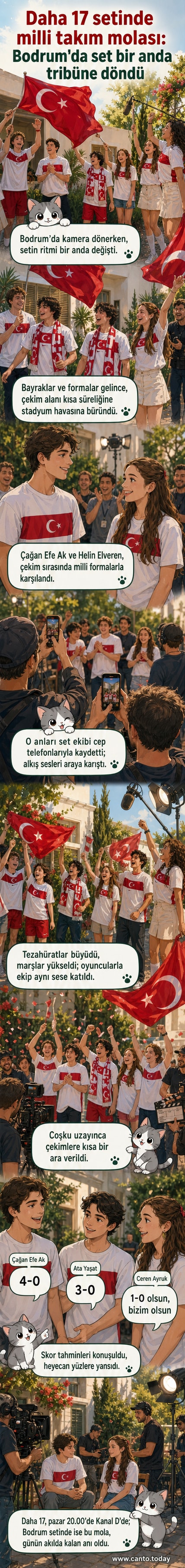 Daha 17 dizisinin Bodrum setinde, oyuncuların milli takım formalarıyla coşkulu bir an yaşadığı sahne