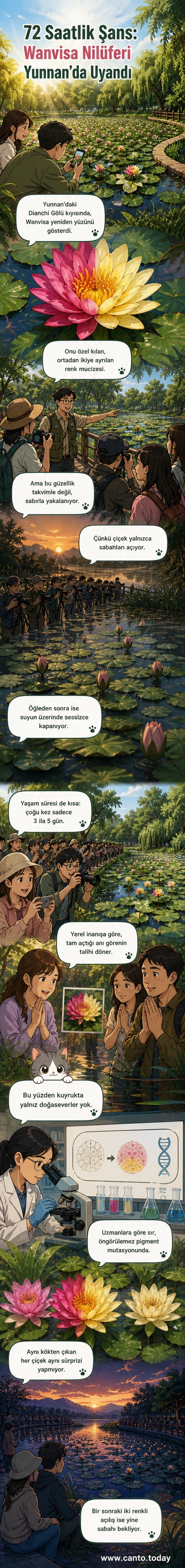 İki renge ayrılmış nadir bir su nilüferi, sabah ışığında sulak bir alanda açıyor.
