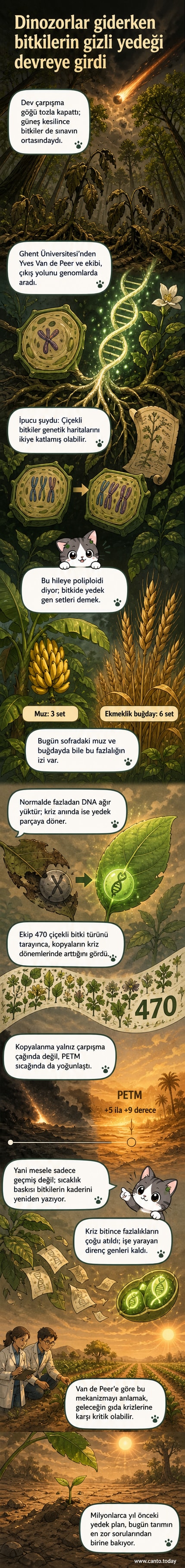 Çiçekli bir bitkinin köklerinde DNA sarmalları parlayarak genom kopyalama sürecini gösterirken, arka planda dinozorların yaşadığı son dönemle bugünkü iklim krizi arasındaki bağlantı görselleştiriliyor.