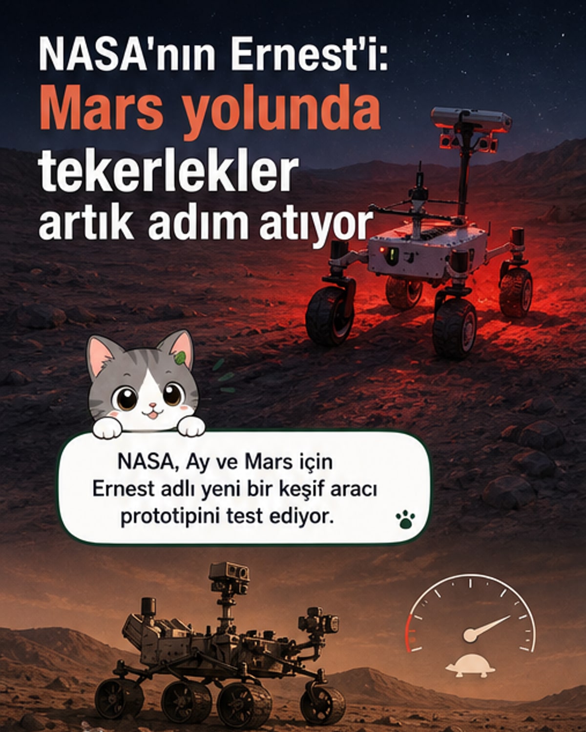 NASA'nın Ernest adlı dört tekerlekli Mars aracı prototipi, çölde kayaların üzerinden geçerken görülüyor.