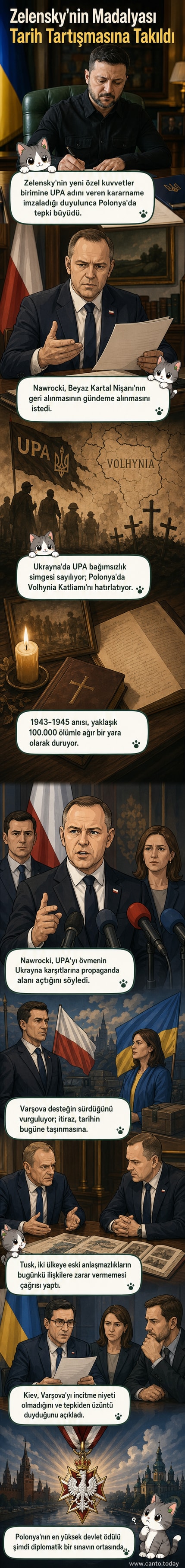 Polonya ve Ukrayna bayrakları arasında duran bir kişi, elindeki madalyayı geri verme işareti yapıyor; arka planda İkinci Dünya Savaşı dönemine ait siluetler yer alıyor.