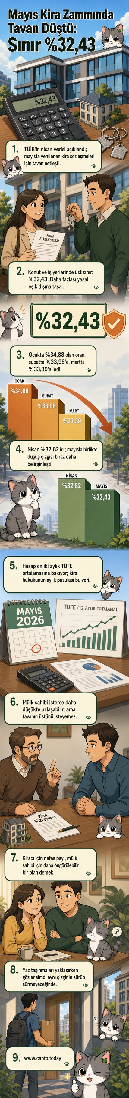 Mayıs 2026 kira zammı tavanı yüzde 32,43 olarak açıklandı. Grafikte son 5 ayın oranları ve düşüş trendi gösteriliyor.