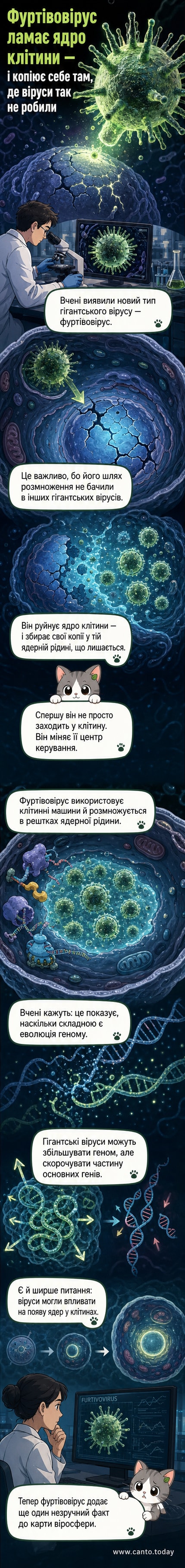 Ілюстрація гігантського віруса, що розмножується всередині розірваного ядра клітини