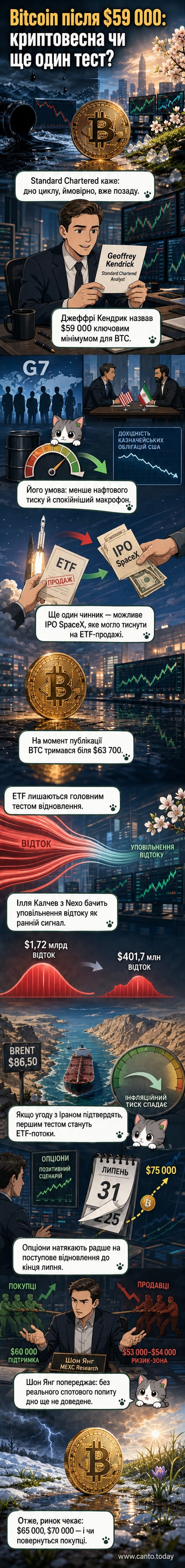 Ілюстрація: сонце виходить з-за льодовиків із підписом 'Крипто-зима пройшла'. На передньому плані — графік Bitcoin, що росте.