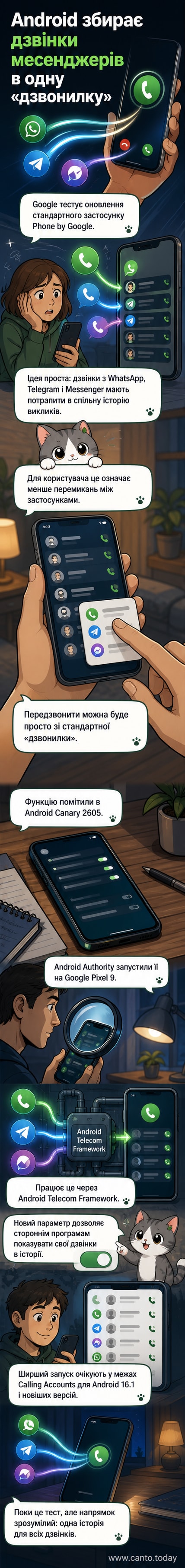 Смартфон з інтерфейсом дзвінків, де виклики з WhatsApp, Telegram і звичайний дзвінок відображаються в одному журналі
