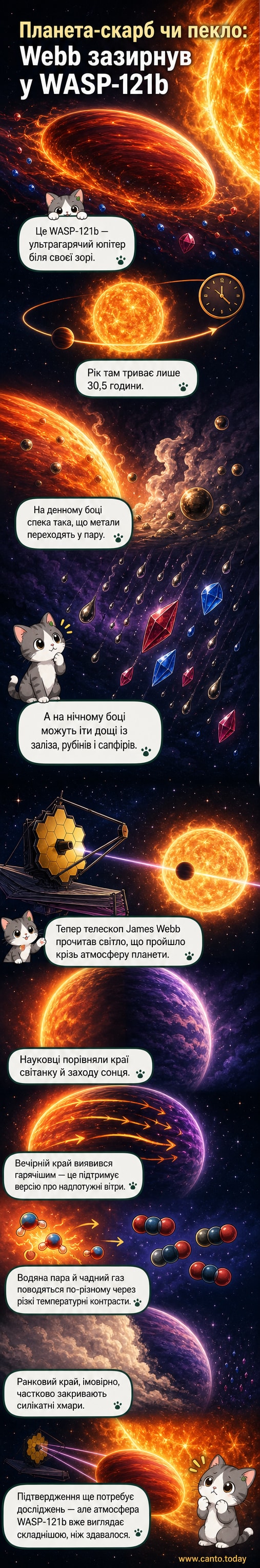 Ілюстрація екзопланети WASP-121b з червоним світлом зорі, атмосферою з металевих парів і дощем з розплавлених рубінів