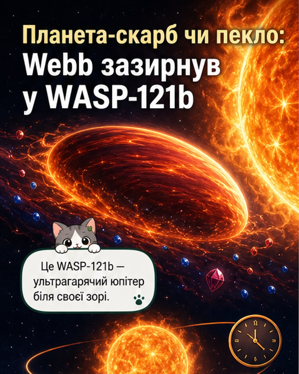 Ілюстрація екзопланети WASP-121b з червоним світлом зорі, атмосферою з металевих парів і дощем з розплавлених рубінів