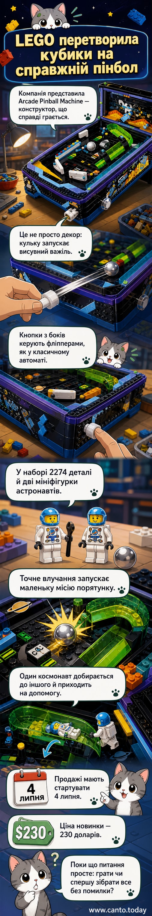 Зібраний з кубиків LEGO пінбольний автомат із двома мініфігурками астронавтів на полі