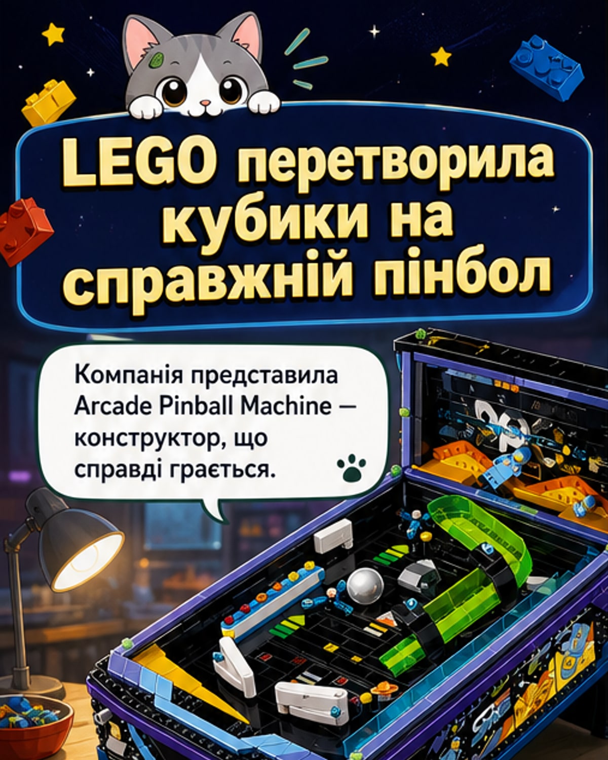 Зібраний з кубиків LEGO пінбольний автомат із двома мініфігурками астронавтів на полі