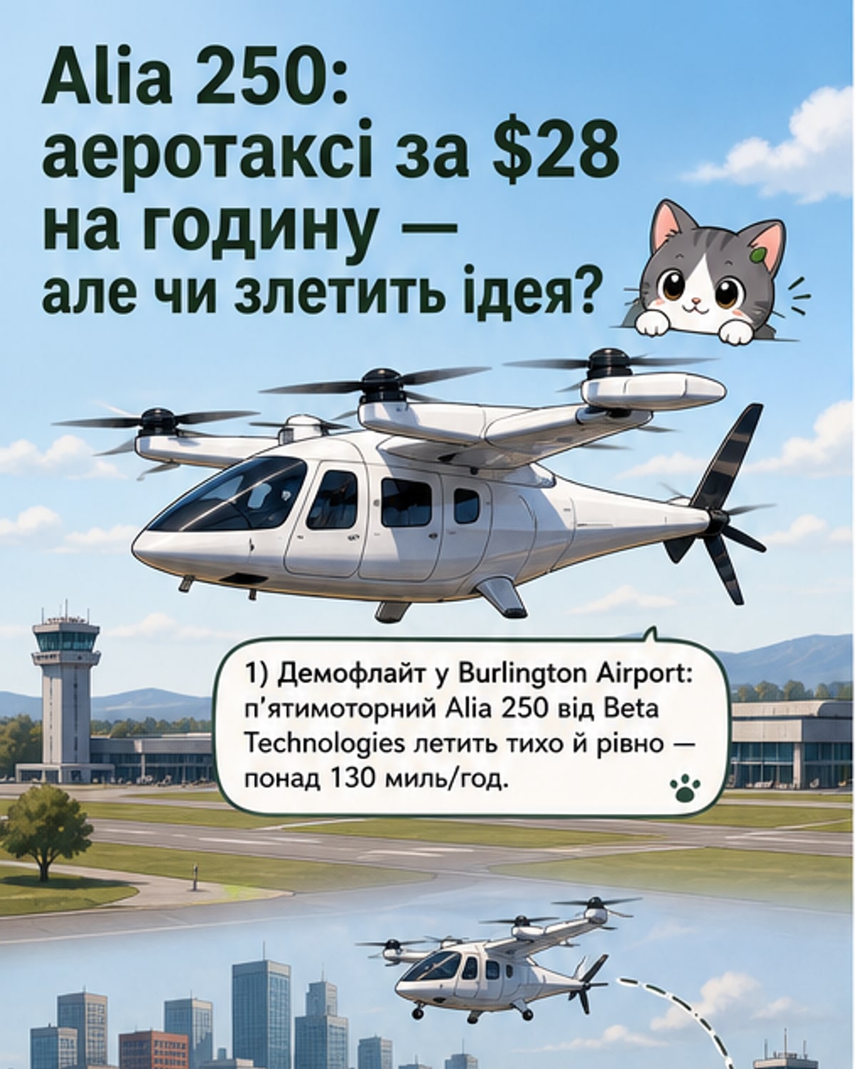 Електричний літак Alia 250 компанії Beta Technologies під час тестового польоту над аеропортом, з чотирма верхніми роторами та хвостовим гвинтом.