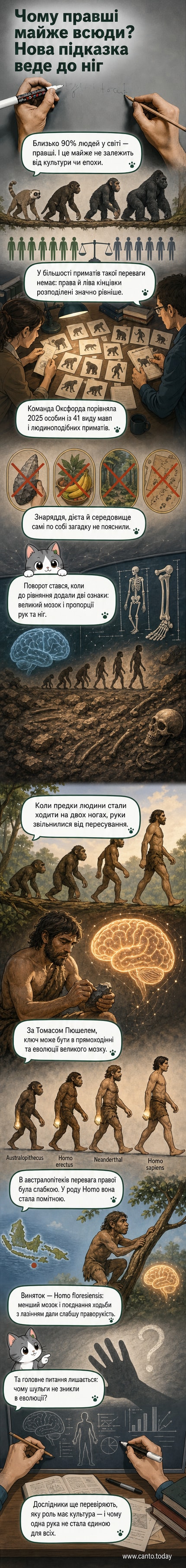Ілюстрація еволюції людини від австралопітеків до Homo sapiens з акцентом на прямоходіння та розвиток мозку, що пояснює домінування праворукості.