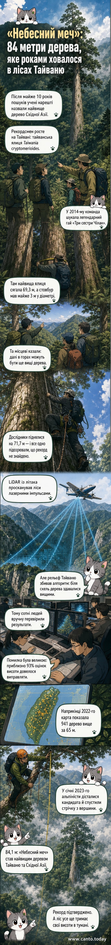 Ілюстрація гігантської тайванської ялиці «Небесний меч» висотою 84,1 метра, що вражає своїми розмірами на тлі гірського лісу.