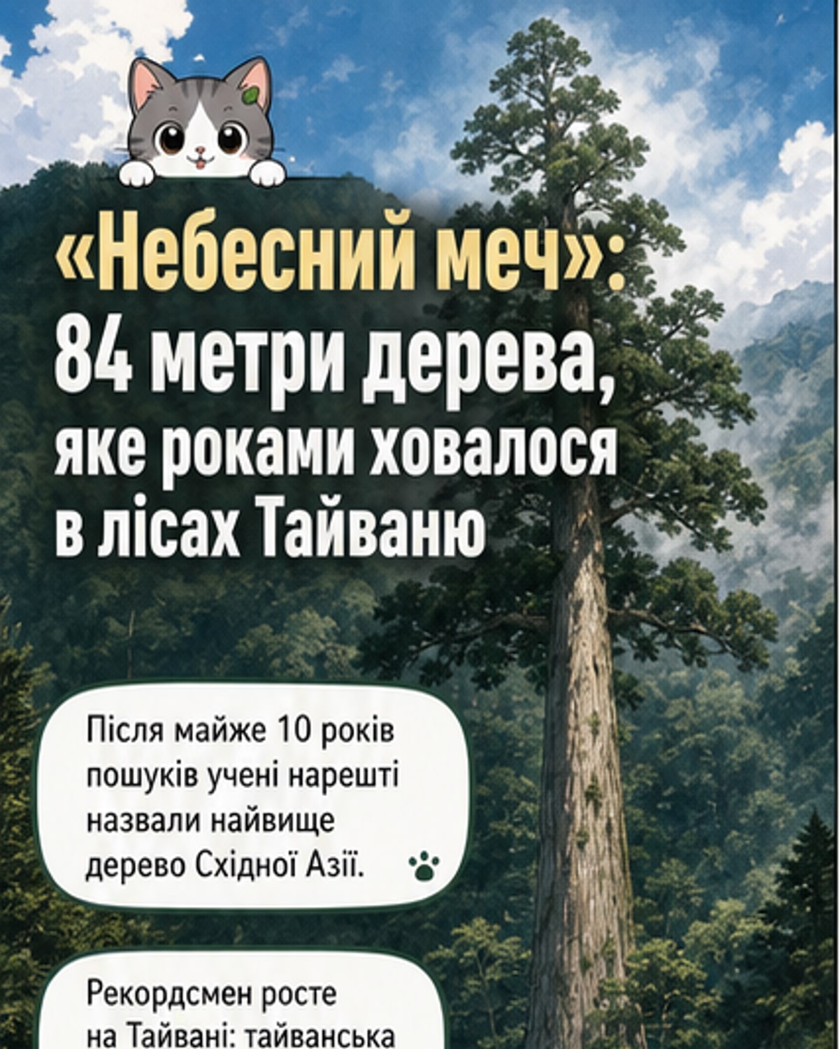 Ілюстрація гігантської тайванської ялиці «Небесний меч» висотою 84,1 метра, що вражає своїми розмірами на тлі гірського лісу.