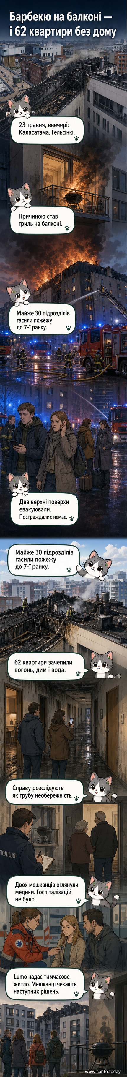 Зображення багатоповерхівки в Гельсінкі з пошкодженим дахом і слідами вогню після пожежі, що почалася на балконі від барбекю.