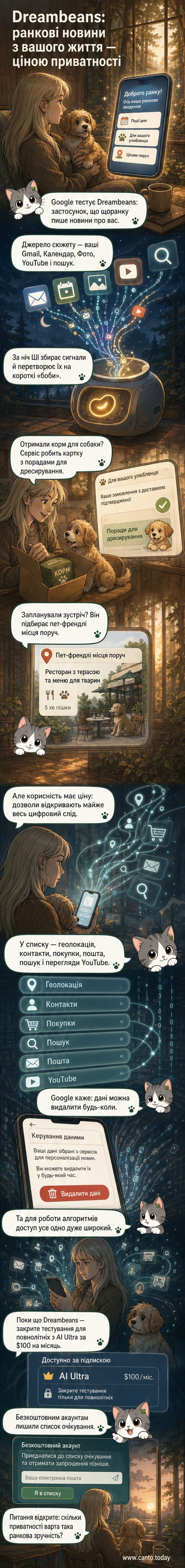 Ілюстрація: смартфон на столі показує додаток Dreambeans, який генерує новини з іконками Gmail, Календаря та Фото; у фоні — розмиті силуети людей із символами даних