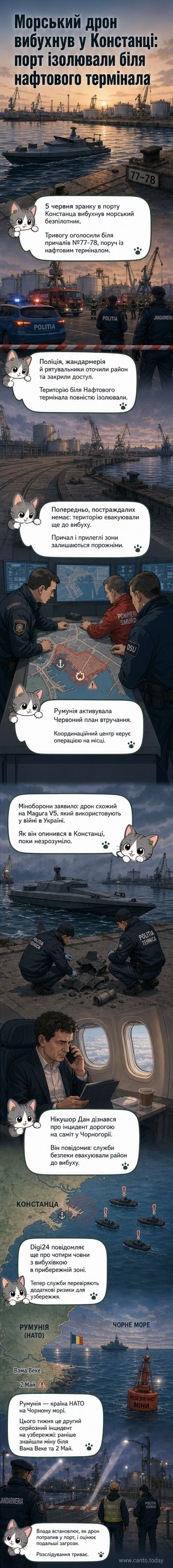 Ілюстрація вибуху морського дрону біля причалу в порту Констанца, екстрені служби на місці події