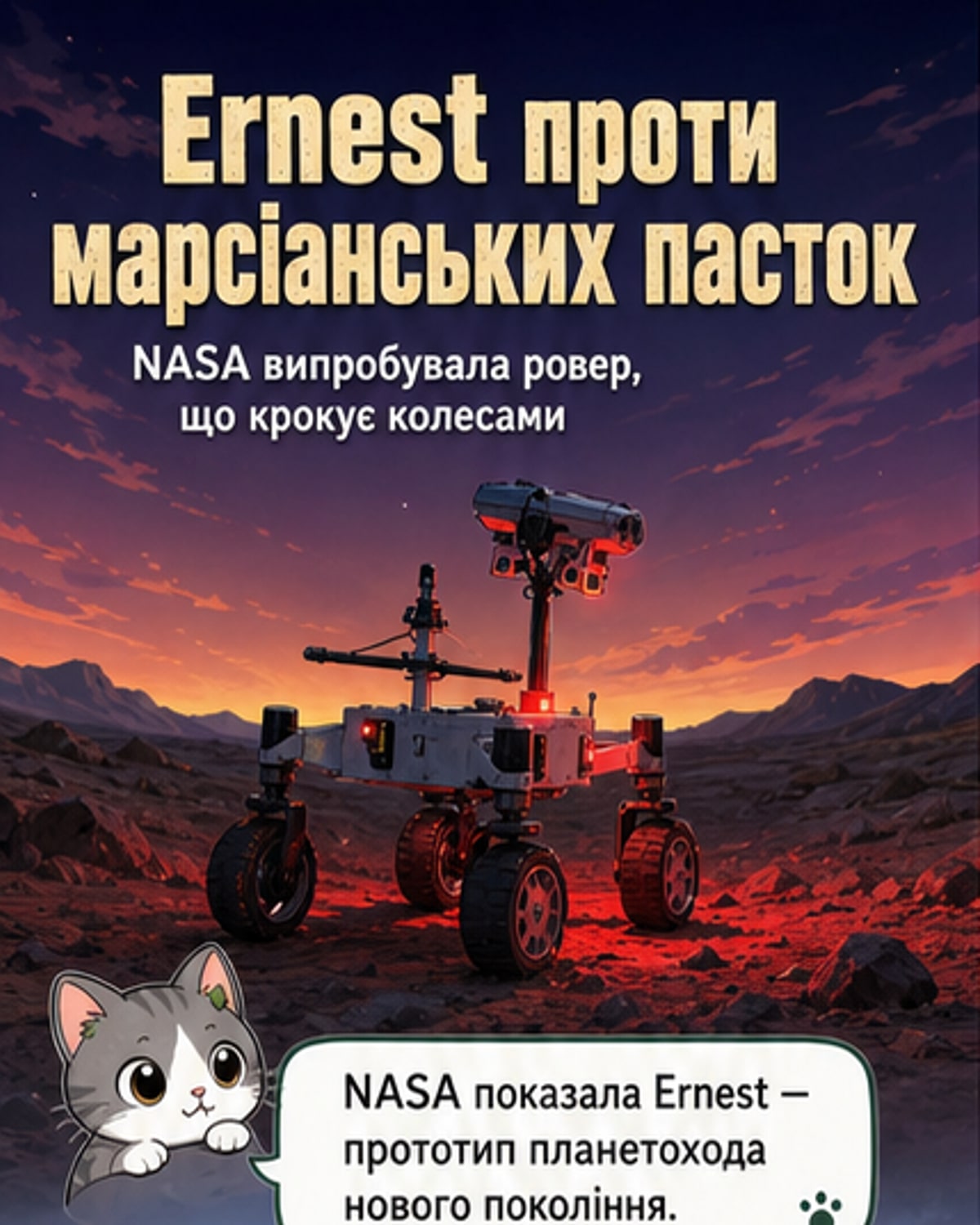 Концепт-зображення нового марсохода Ernest, який долає скелясту перешкоду, використовуючи динамічне керування колесами