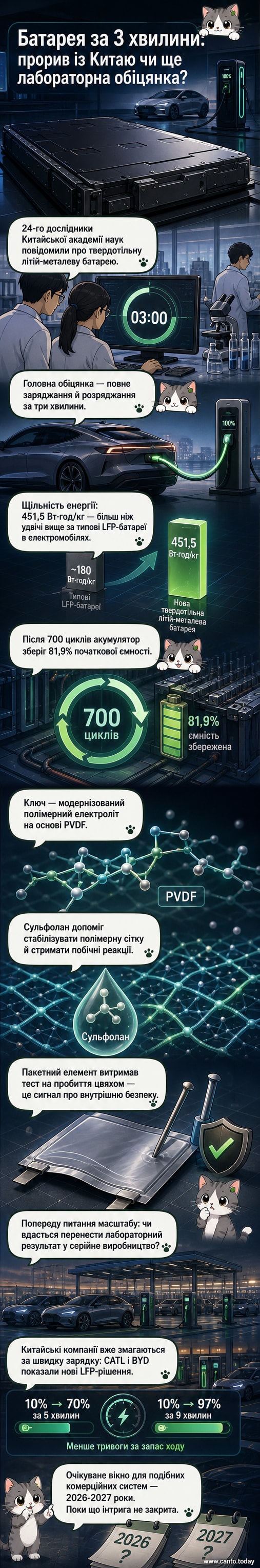 Ілюстрація: науковець тримає в руках нову твердотільну батарею, на екрані позаду — графіки швидкості зарядки та щільності енергії