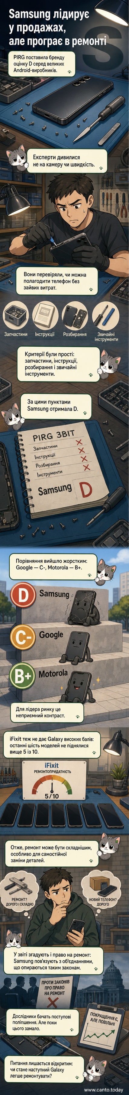 Смартфон Samsung Galaxy у розібраному вигляді з підписами складних елементів, що ускладнюють ремонт