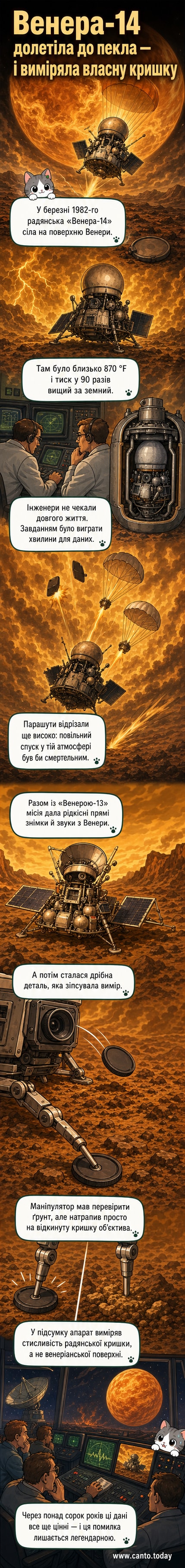 Ілюстрація радянського посадкового модуля «Венера-14» на поверхні Венери з відкинутою кришкою об'єктива поруч, фон — жовтувате небо та вулканічний ландшафт.