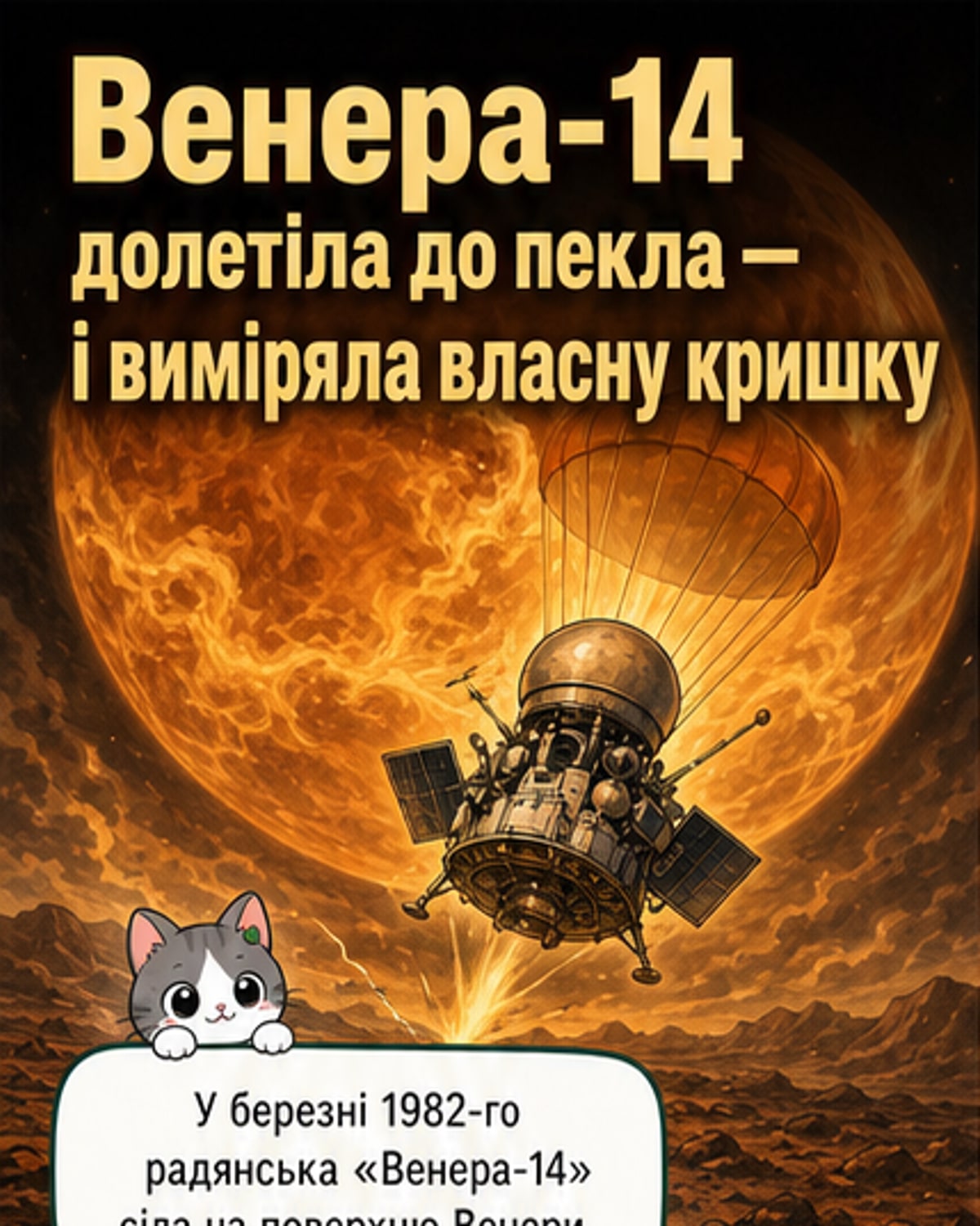 Ілюстрація радянського посадкового модуля «Венера-14» на поверхні Венери з відкинутою кришкою об'єктива поруч, фон — жовтувате небо та вулканічний ландшафт.