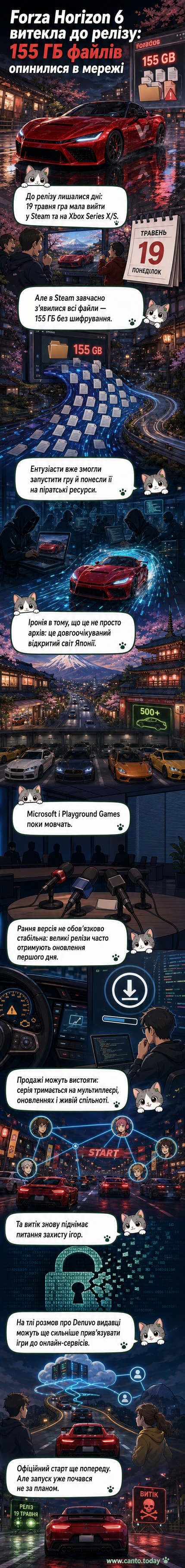 Ігровий скріншот Forza Horizon 6: нічне місто Японії з гоночним автомобілем на передньому плані, навколо — неонові вивіски та дощова дорога.