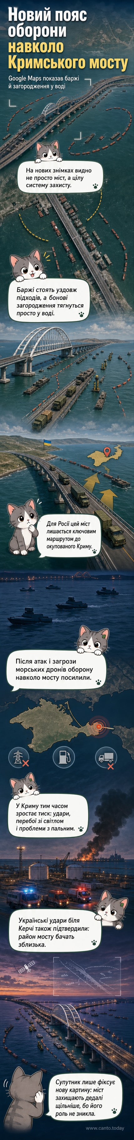 Супутниковий знімок Кримського мосту з баржами та бонами у воді, що утворюють захисне кільце навколо переправи