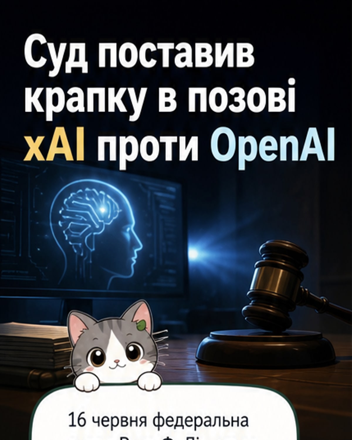 Ілюстрація з двома роботами, що стоять по різні боки від судової шкали, один із логотипом xAI, інший — OpenAI, на тлі будівлі суду.