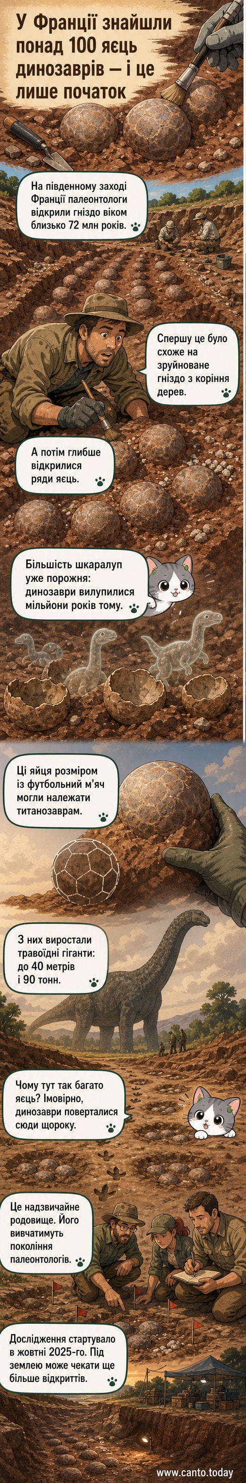 Ілюстрація: археологи розкопують величезні яйця динозаврів у скелястому урочищі на півдні Франції, навколо — фрагменти скам'янілостей і наукове обладнання.