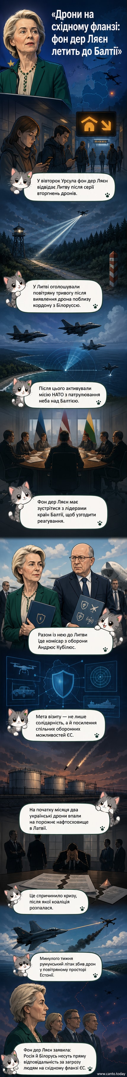 Коміксна сцена: Урсула фон дер Ляєн летить на літаку до Литви, на тлі картки Балтії з позначками дронів і повітряних тривог