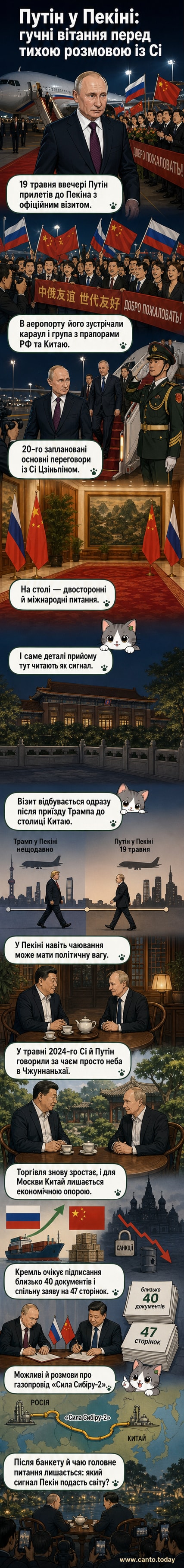 Група людей у однакових костюмах з прапорами Росії та Китаю вигукує привітання біля літака, на тлі — посадова машина з державними символами, вечірнє освітлення аеропорту Пекіна.