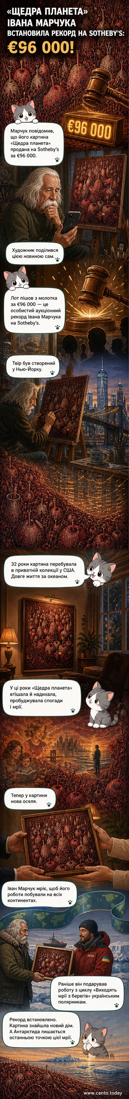 Картина Івана Марчука «Щедра планета» під час аукціону Sotheby’s, з фоном нью-йоркського міста і текстом про продаж за 96 000 євро