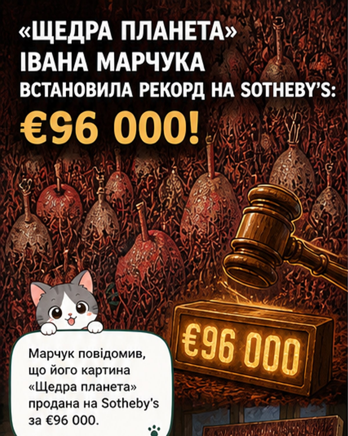 Картина Івана Марчука «Щедра планета» під час аукціону Sotheby’s, з фоном нью-йоркського міста і текстом про продаж за 96 000 євро