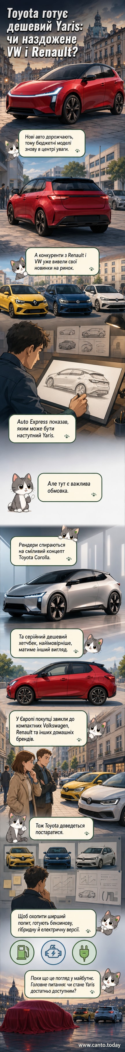 Концептуальне зображення майбутнього Toyota Yaris 2028 року з сучасним, ефектним дизайном на тлі міського пейзажу