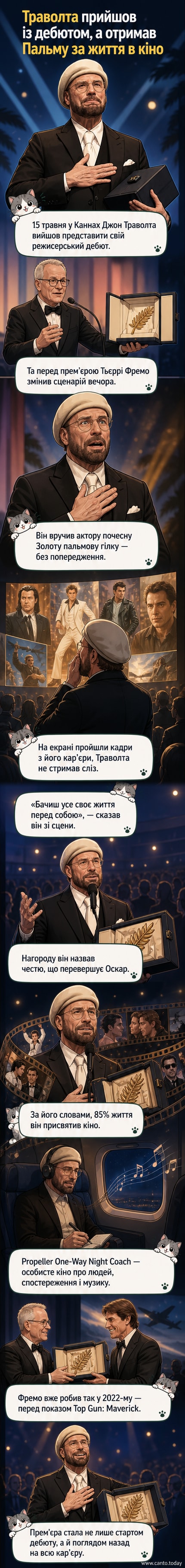 Джон Траволта стоїть на сцені Каннського кінофестивалю, тримаючи почесну Золоту пальмову гілку, з емоціями на обличчі, на фоні великого екрану з кадрами з його фільмів.