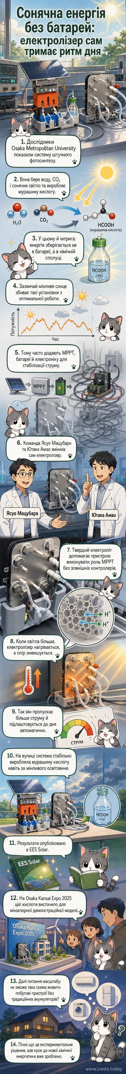 Схема системи штучного фотосинтезу, що виробляє мурашину кислоту з CO₂ та води під сонячним світлом, без використання батарей