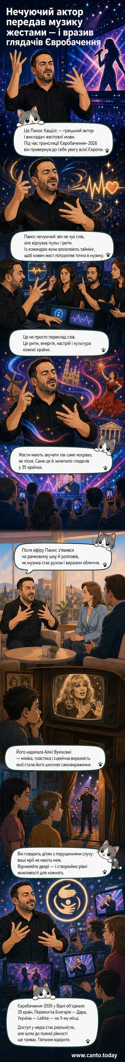 Грецький актор Панос Катсіс робить емоційний жестовий переклад пісні під час трансляції «Євробачення-2026»