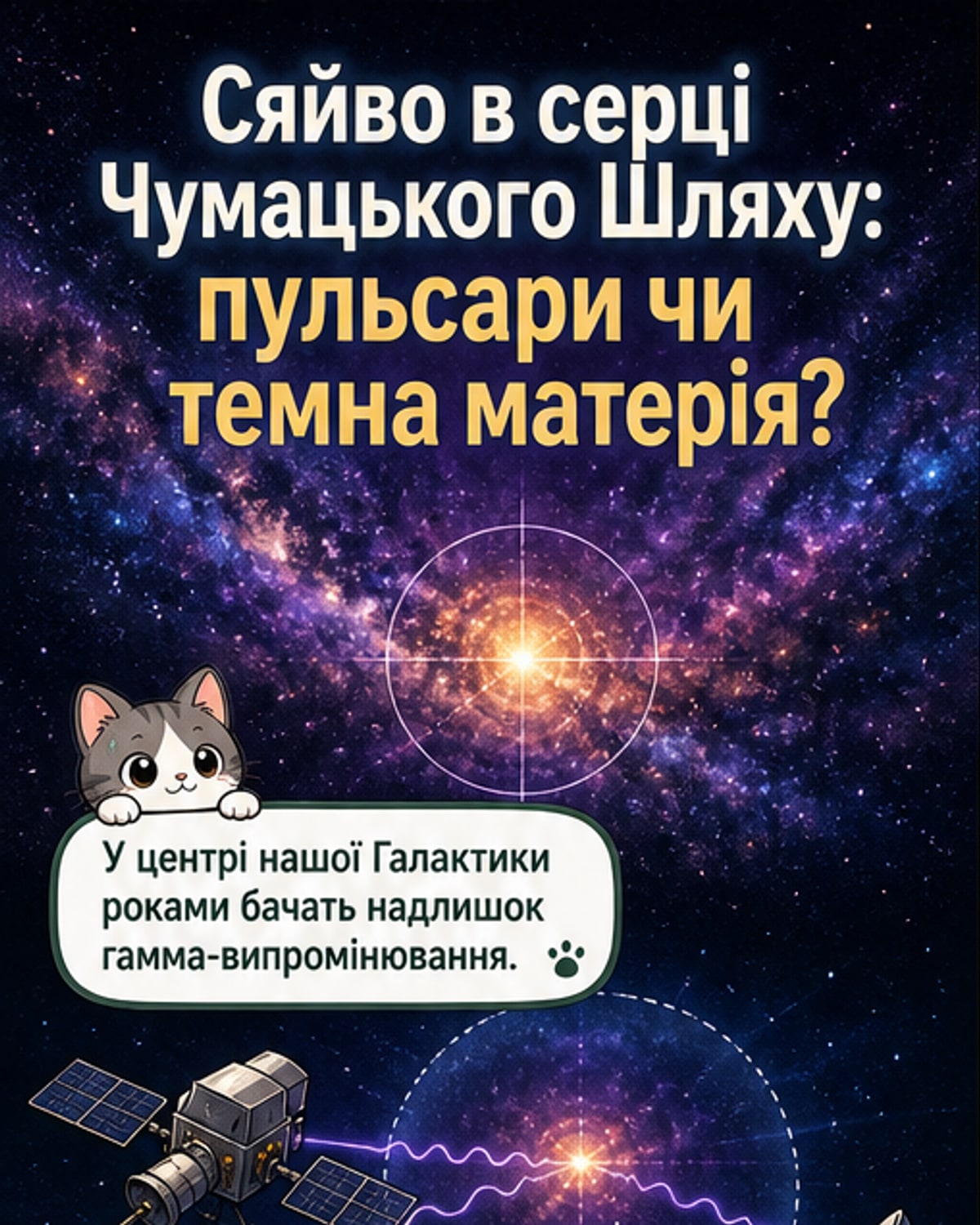 Ілюстрація центру Чумацького Шляху з потужним гамма-випромінюванням, що вказує на можливу темну матерію або приховані пульсари