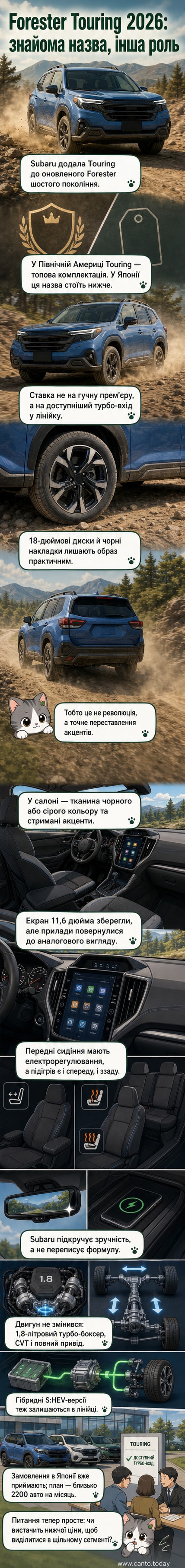 Subaru Forester Touring 2026 року на фоні природного пейзажу, з акцентом на сучасний екстер'єр і 18-дюймові диски