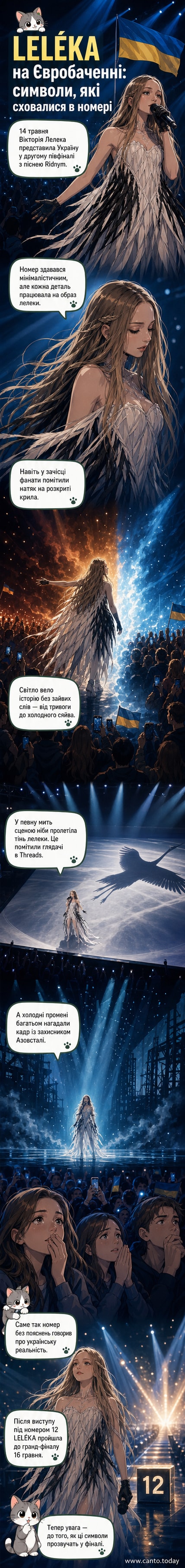Співачка LELÉKA на сцені Євробачення 2026 у чорно-білому костюмі з елементами крил, з тінню лелеки на підлозі та світловими ефектами в тлі