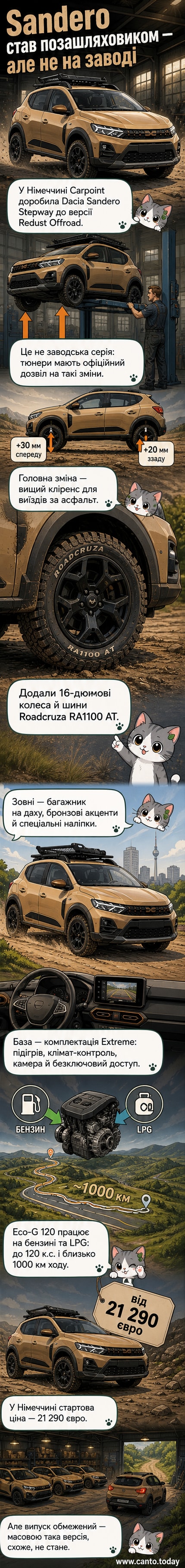 Модифікований Dacia Sandero Stepway Redust Offroad на бездоріжжі з піднятим кліренсом, позашляховими шинами та даховим багажником