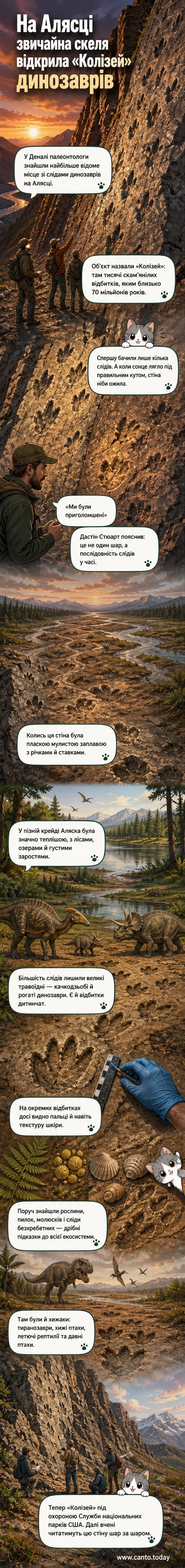 Вертикальна скеля в Деналі, на якій чітко видно тисячі відбитків лап динозаврів, освітлених західним сонцем.