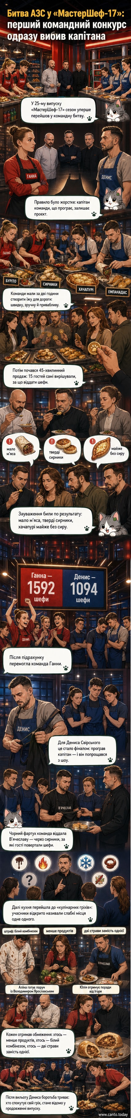 Кухня «МастерШеф» після битви АЗС: учасники навколо столів, Денис Свірський біля дверей, В’ячеслав тримає чорний фартух.