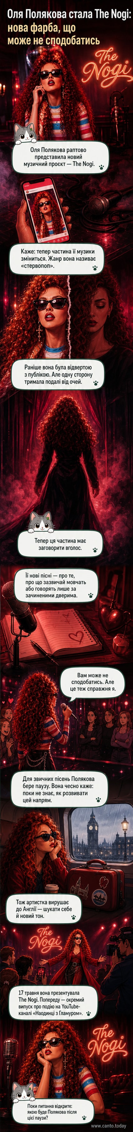 Оля Полякова на чорному фоні у вигляді The Nogi, з яскравим макіяжем і драматичним вбранням, тримає мікрофон