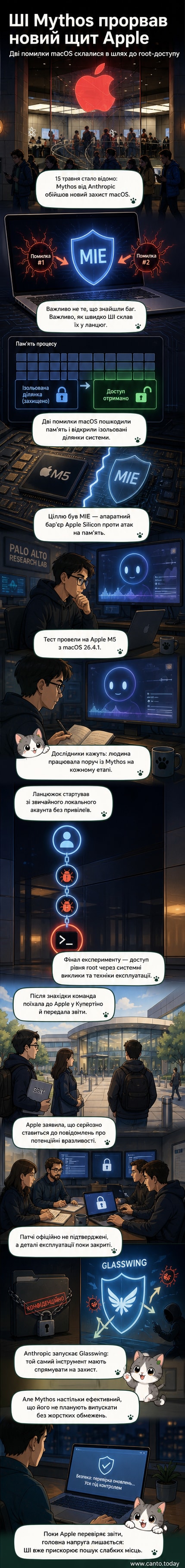 Ілюстрація: штучний інтелект у формі хмари даних проникає крізь щит із логотипом Apple, тоді як на фоні — схематичне зображення чипу M5 і пульсуючих попереджувальних сигналів безпеки.