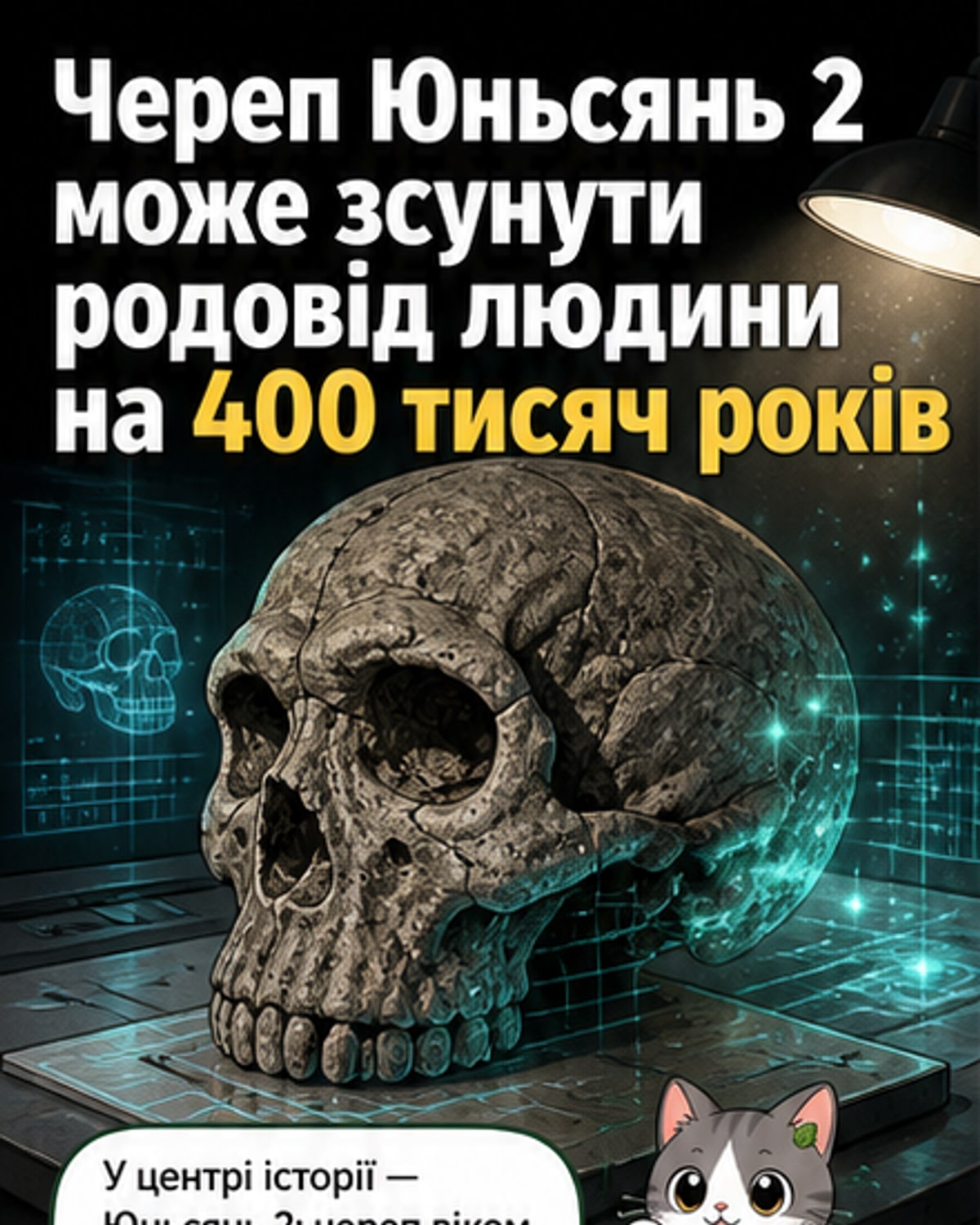 Реконструйований віртуальний череп Юньсянь 2 з позначками анатомічних особливостей, що поєднує риси кількох давніх людських видів.