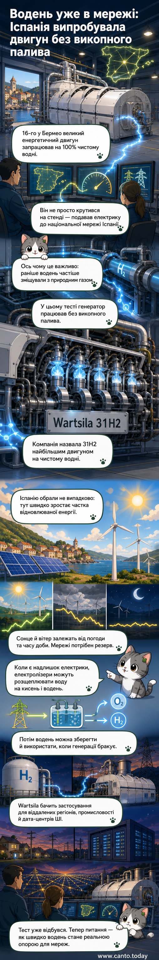 Ілюстрація водневого електрогенератора Wärtsilä 31H2, який працює в Іспанії, з підключенням до енергомережі та символами зеленої енергетики.