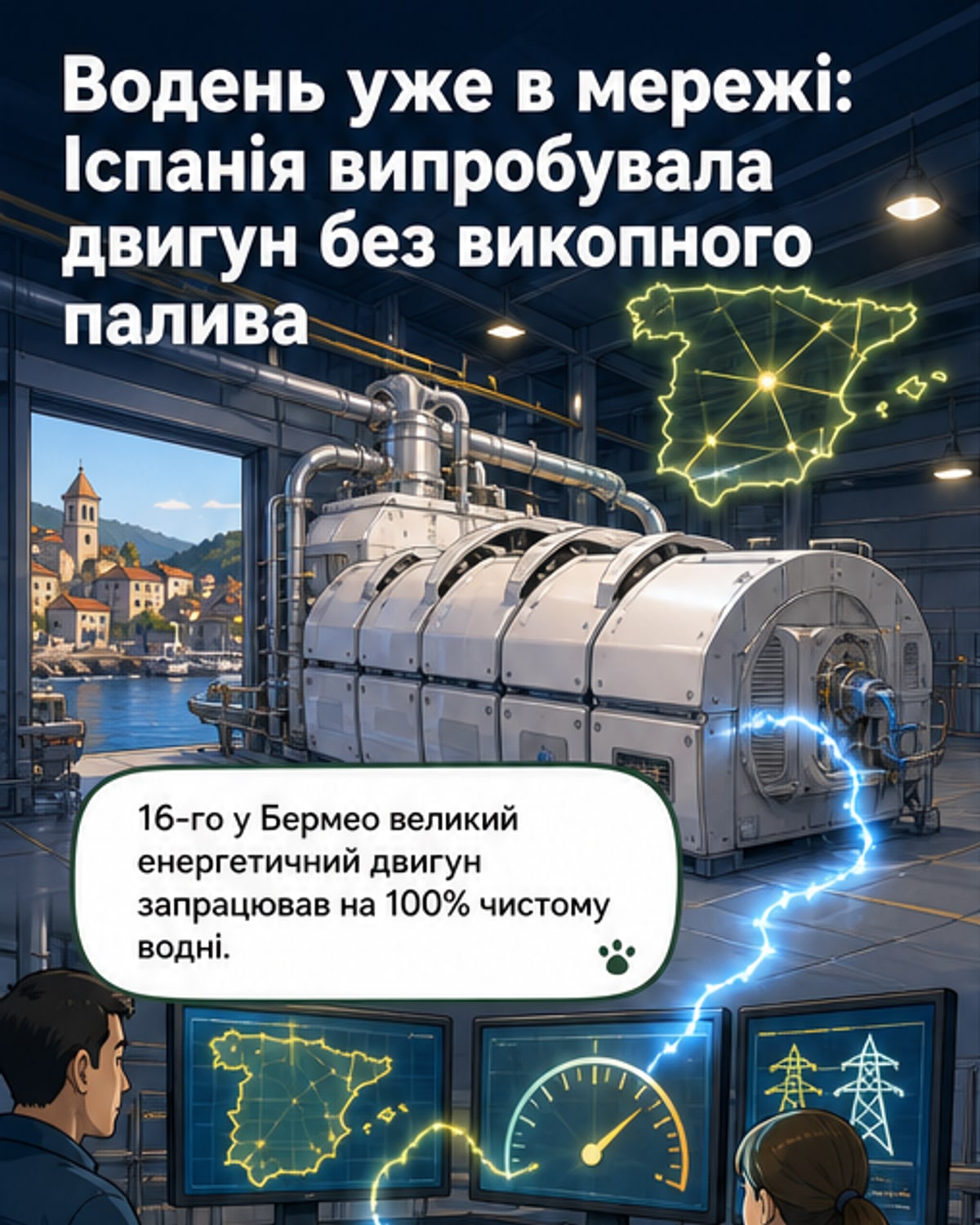 Ілюстрація водневого електрогенератора Wärtsilä 31H2, який працює в Іспанії, з підключенням до енергомережі та символами зеленої енергетики.